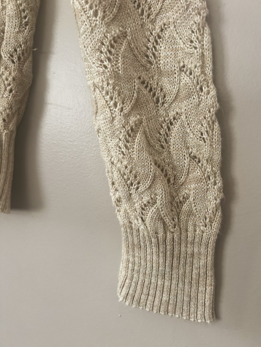 Cream Open Knit Lace Sweater Tie Neck Cottagecore Boho Top Medium - Picture 4 of 10